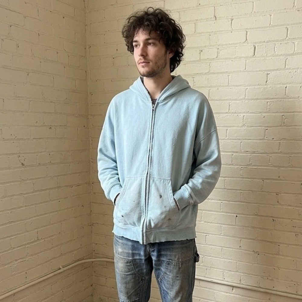 Moojimooji Hoodie Mens Large Blue Distressed Faded Grunge Streetwear Sweatshirt
